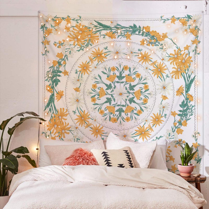 Simpkeely Mandala Clara Floral Medallion Tapestry, Sketched Flower Plant Boho Wall Hanging, Bohemian Tapestries for Bedroom Living Room Dorm Home DÃ©cor 59.1 x 59.1 Inches (Yellow) - Image 2